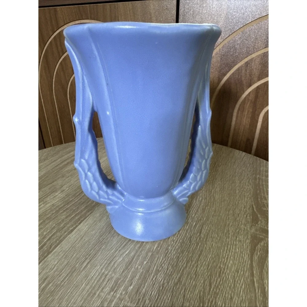 Vtg Niloak Blue Two Handled Angle Winged Vase Art Deco Pottery 7